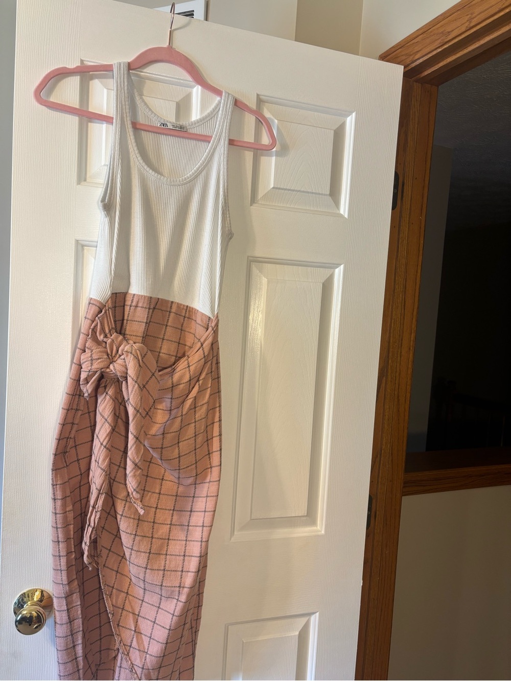 Zara White Tank Top with Pink Checked Midi Skirt - Picture 1 of 3
